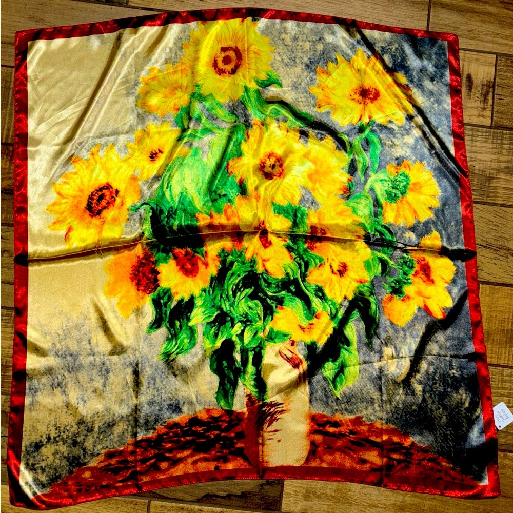 VINTAGE 'MOSI' SQUARE SUNFLOWER SCARF 35" SQ Van Gogh Inspired Yellow Green